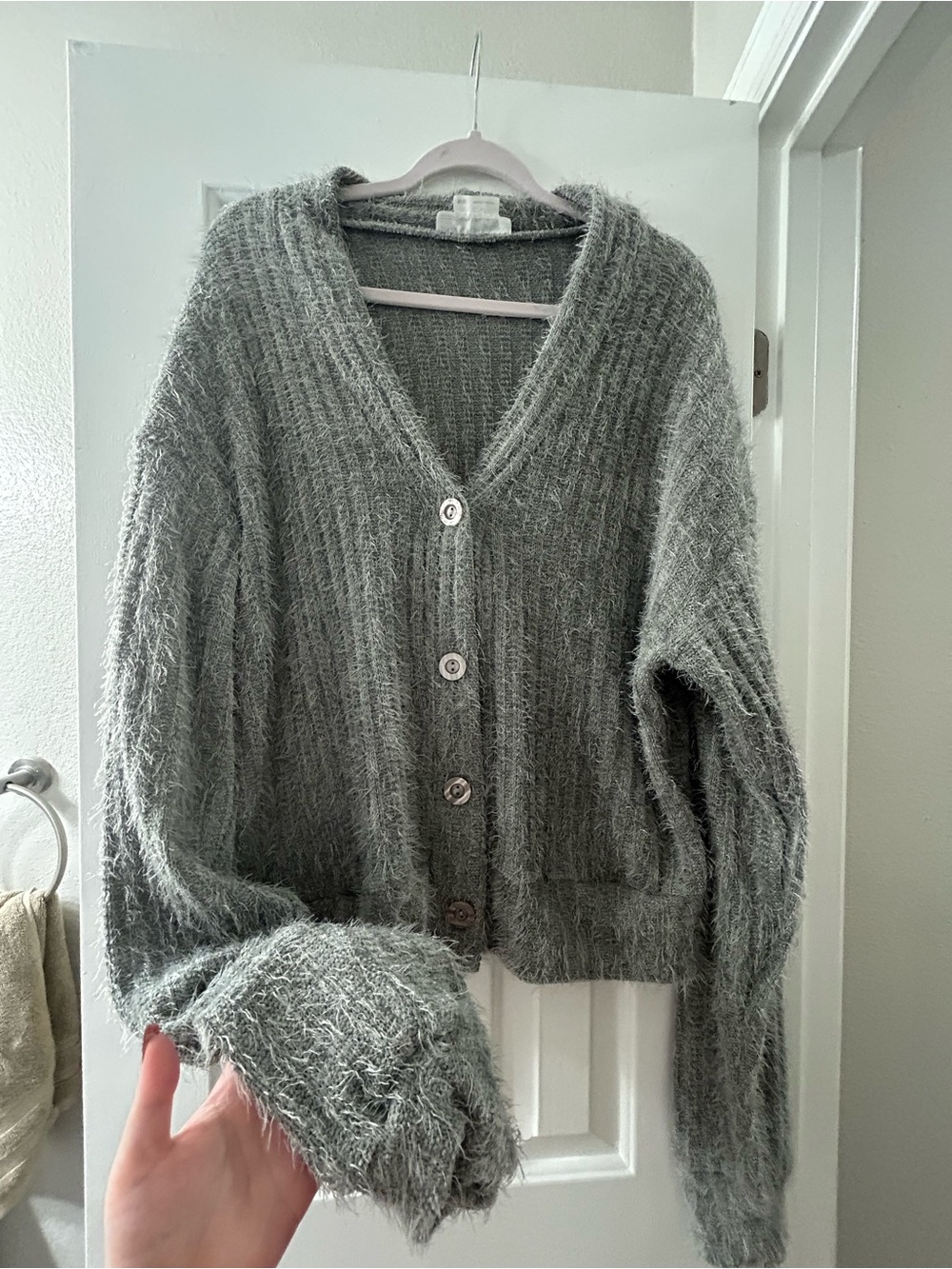 Urban outfitters V-Neck Fuzzy Button-Front Cardigan in Heather Gray